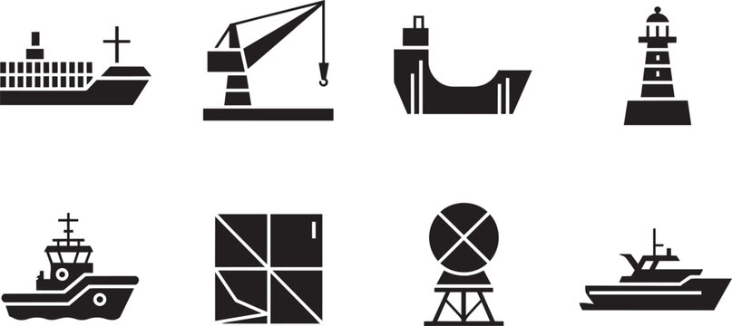 Maritime transport and industry icons set in outline solid and colored styles with ship lighthouse