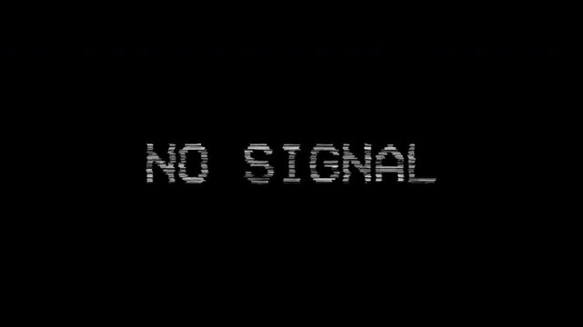 Animated retro no signal screen with VHS static distortion and analog TV interference on a dark background. Vintage CRT glitch effect with digital noise and broadcast error aesthetic