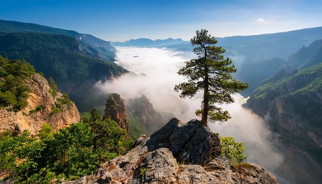 a tall tree grows from a rocky cliff overlooking a river in a deep valley the landscape is filled with fog and mountains surround the area green plants are near the tree