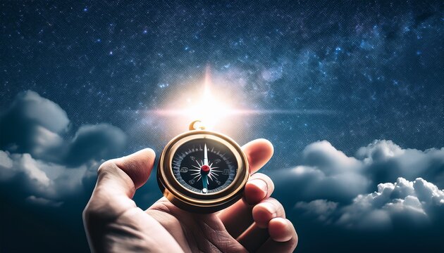 a hand holds a compass with a bright star shining above in the night sky dark clouds surround the scene the compass points north clearly against the backdrop of stars