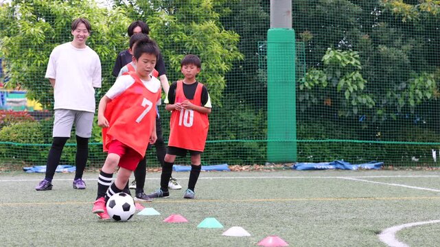 ドリブル練習をする少年サッカーチームとコーチ