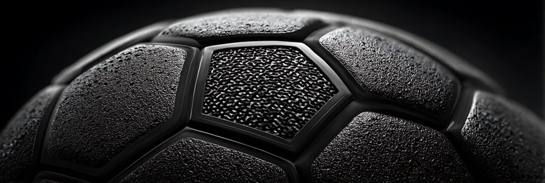 Textured black soccer ball close up with detailed geometric pattern and dramatic lighting effect on dark surface showcasing professional sports equipment design for athletic training concepts