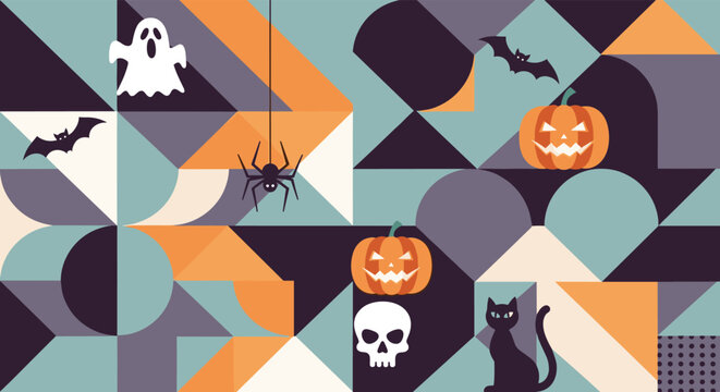 Festive Halloween background featuring geometric shapes with ghosts, carved pumpkins, black cats, bats, and spiders.