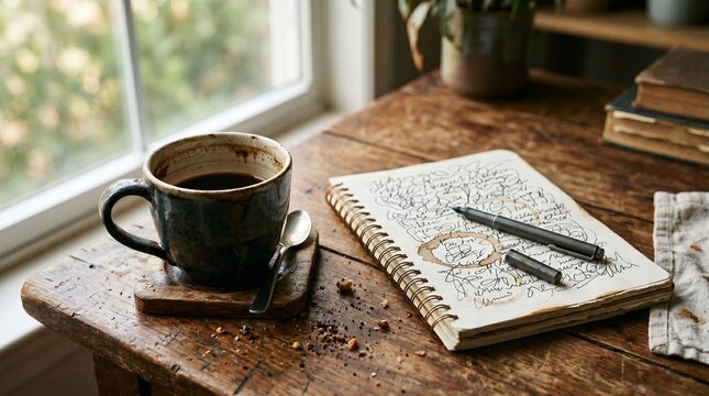 partially consumed cup of coffee beside an open notebook on a desk