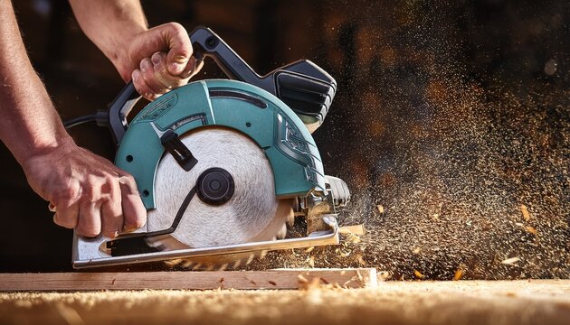 close up of hands using circular saw cutting wood with sawdust