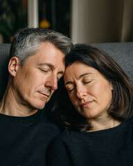 Obraz premium A middle-aged couple rests together with closed eyes, sharing a peaceful and intimate moment indoors.