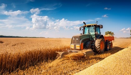 Fototapeta premium close up of harvested grain with tractor in field under blue sky
