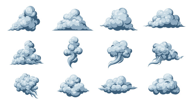 Diverse collection of smoke and cloud effects illustrated in a detailed pixel art style with various shapes and movements.
