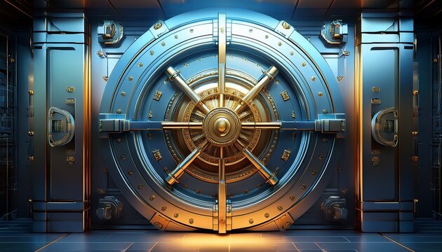 detailed front view of a secure closed bank vault door rendered in stunning 3d graphics design