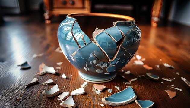 close up of a shattered antique ceramic vase on wooden floor highlighting the texture and detail of the broken pottery pieces a poignant image depicting fragility destruction and grief