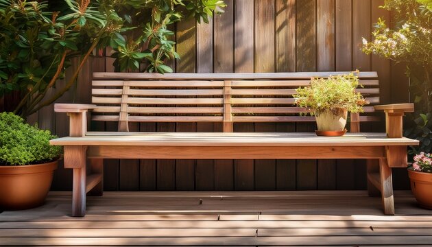 outdoor seating area featuring a rustic garden bench providing copy space ideal for relaxing design backdrops detail timber copy space