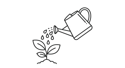 Clean black and white line art illustration showing a watering can pouring water onto a young sprouting plant in a garden. © Mr