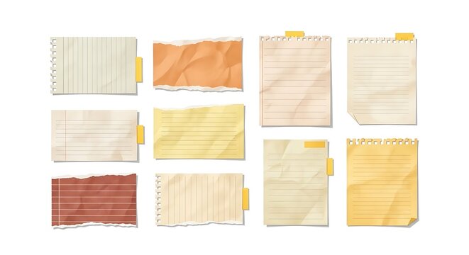 Collection of vintage sticky notes and crumpled paper sheets with yellow tabs for office organization and creative planning
