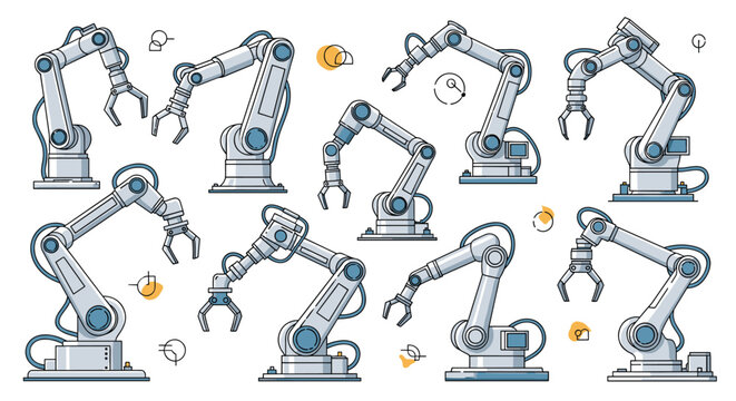 Selection of industrial robotic arm illustrations showing various joints, grippers, and positions for automation technology.