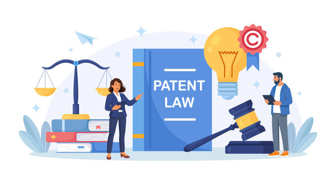 Patent Law and Legislation. People Protect Their Rights to Authorship and Creation of Intellectual Products with Lawyer. Copyright Infringement. Intellectual Property and Brand Patent Protection