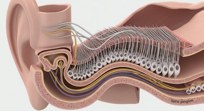 Detailed Cross-Section of Human Ear Anatomy Showing Inner Structures and Hearing Components.