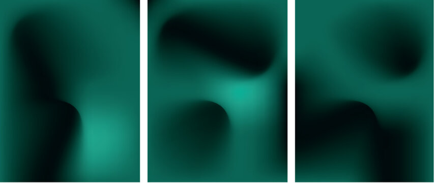 A set of three vertical backgrounds featuring rich emerald and forest green mesh gradients with dark shadows. The organic and lush color palette provides a serene yet mysterious feel perfect.