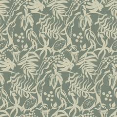 Fototapeta premium A tropical summer art pattern with silhouettes of fruit and palm leaves painted with a dry brush. A seamless print for unisex textiles and the design of yarn-based clothing and accessories.