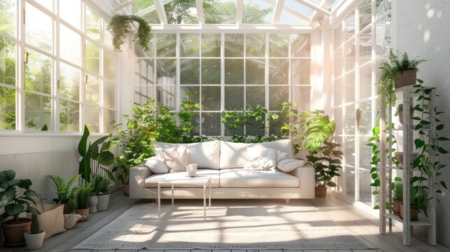 Sunlit conservatory with lush greenery