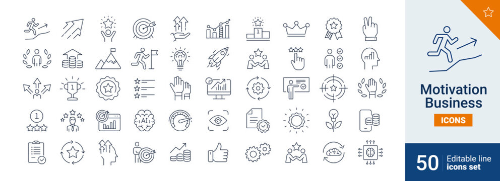 Motivation icons Pixel perfect. Startup, seminar, partnership, goals, meeting, whiteboard, conference, plan icons. Vector	
