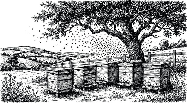 Vintage woodcut beehive apiary illustration with honey bees and summer rural landscape.