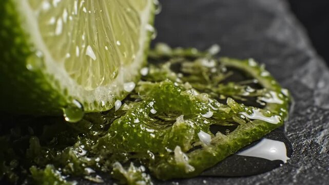 Fresh Lime Half With Zest and Dripping Juice, Macro Shot