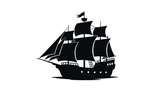 Black Silhouette of a Tall Ship Sailing on White Background