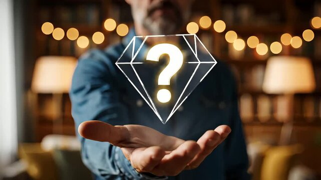 Glowing diamond question mark icon floating over man's hand, mysterious gemstone symbol in home office, luxury value and uncertainty concept