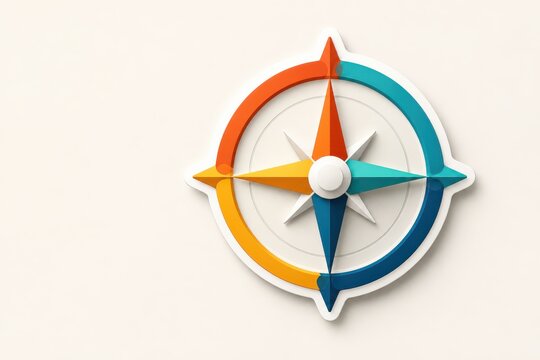 Colorful 3D compass icon on beige background with paper cut style and soft shadow