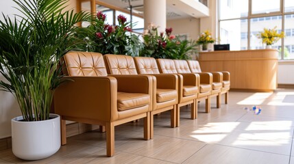Obraz premium Sunlit clinic waiting area with comfortable leather chairs and lush green plants