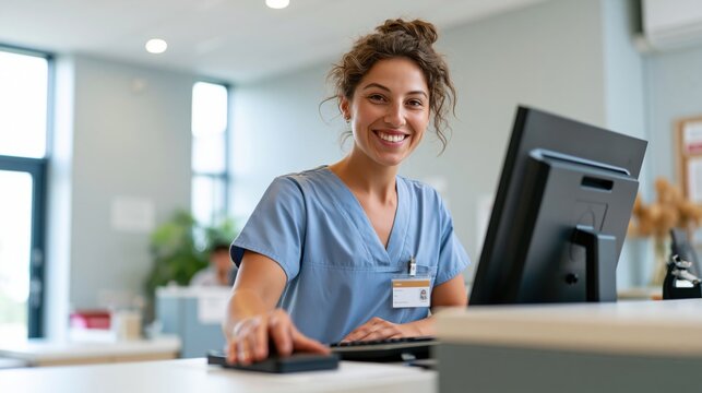 Smiling nurse in blue scrubs at a modern clinic reception desk using a computer