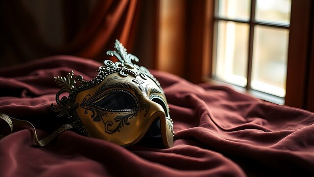 amrit. Ornate Venetian mask resting on dark velvet fabric, soft light highlighting its decorative details. event programs, museum guides, designed for cultural heritage projects and event programs.