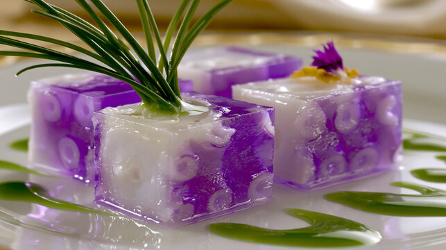Gourmet octopus jelly cubes with rosemary and edible flower garnish fine dining appetizer