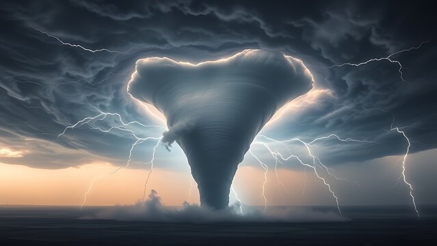 updraft. A powerful tornado with a calm center, rotating cloud walls and lightning strikes around it. ESG reports, sustainability campaigns, designed for environmental awareness campaigns.