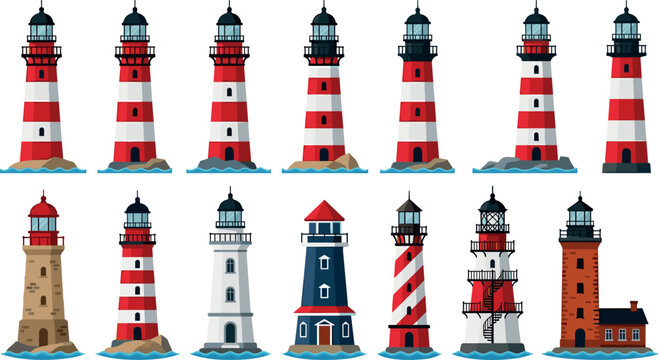 Colorful Lighthouse Vector Set Featuring Striped and Solid Designs for Coastal, Maritime, and Nautical-Themed Projects