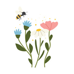 Fototapeta premium bee collecting pollen from wildflowers, pollination and nature concept with honey bee flying over meadow flowers, spring botanical design - vector illustration