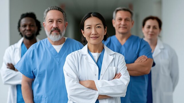 Diverse medical team posing confidently in a modern clinic hallway