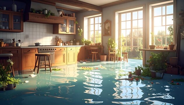Sunny kitchen flood scene