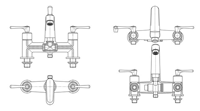 Mixer tap technical drawing blueprint with front side back and top views CAD line art vector illustration
