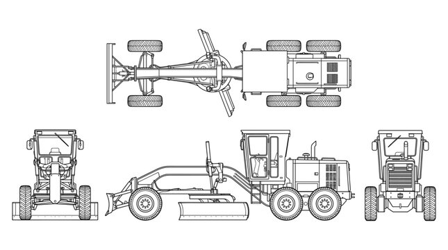 Motor grader technical drawing blueprint with front side back and top views CAD line art vector illustration