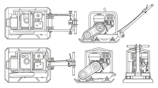 Plate compactor technical drawing blueprint with front side back and top views CAD line art vector illustration