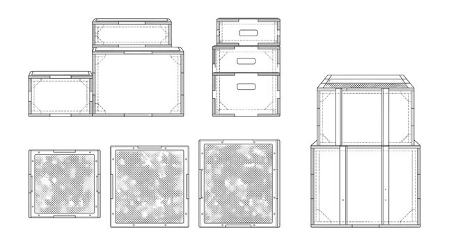 Plyometric box set technical drawing blueprint with front side back and top views CAD line art vector illustration