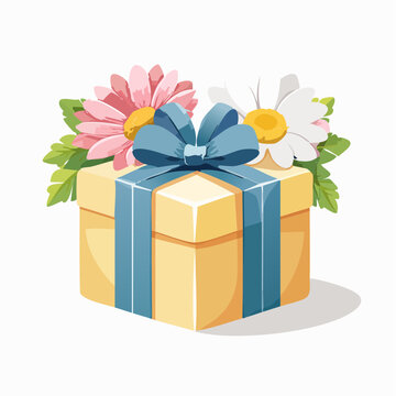Gift Box with Flowers and Blue Ribbon