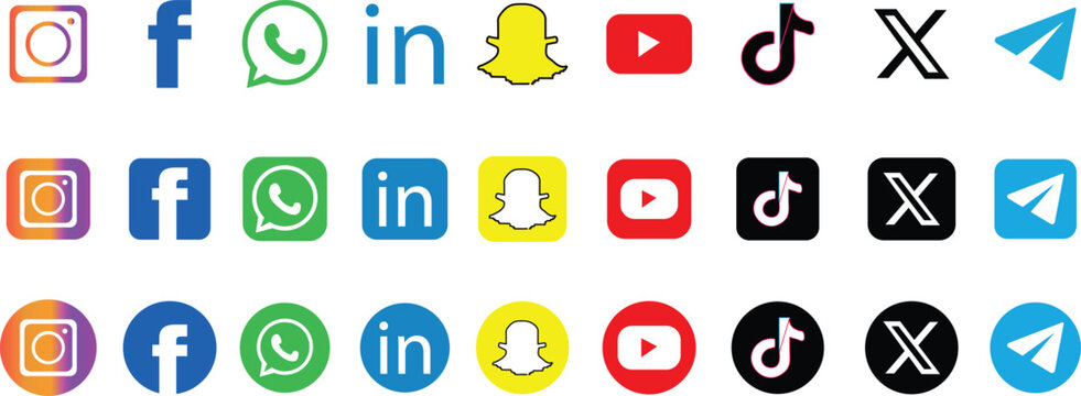 Colorful Social Media Logos Collection Including Facebook, Instagram, WhatsApp, LinkedIn, Snapchat, YouTube, TikTok, X and Telegram, Editorial Use Only