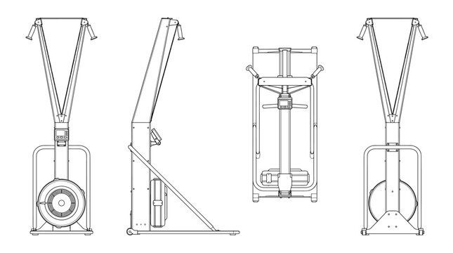 Ski ergometer machine technical drawing blueprint with front side back and top views CAD line art vector illustration