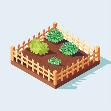 Isometric Garden Bed with Plants and Wooden Fence