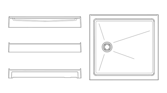 Shower tray technical drawing blueprint with front side back and top views CAD line art vector illustration