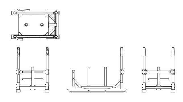 Sled push machine technical drawing blueprint with front side back and top views CAD line art vector illustration