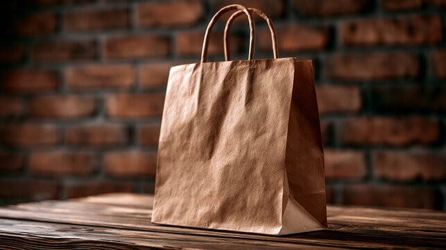 Brown paper shopping bag with handles on a rustic wooden surface and brick wall, takeaway bag