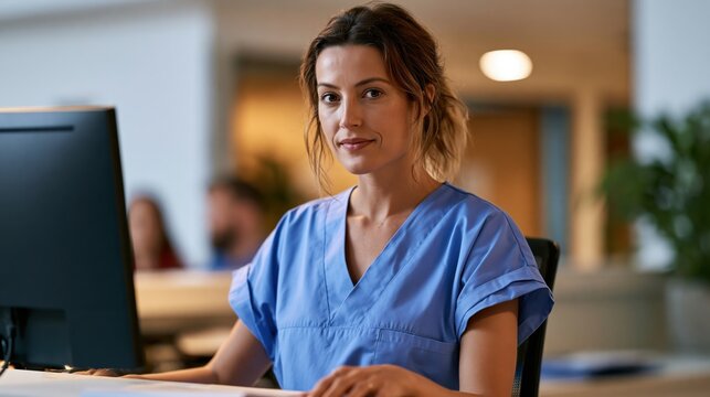 Female healthcare worker in blue scrubs at a computer in a modern clinic reception